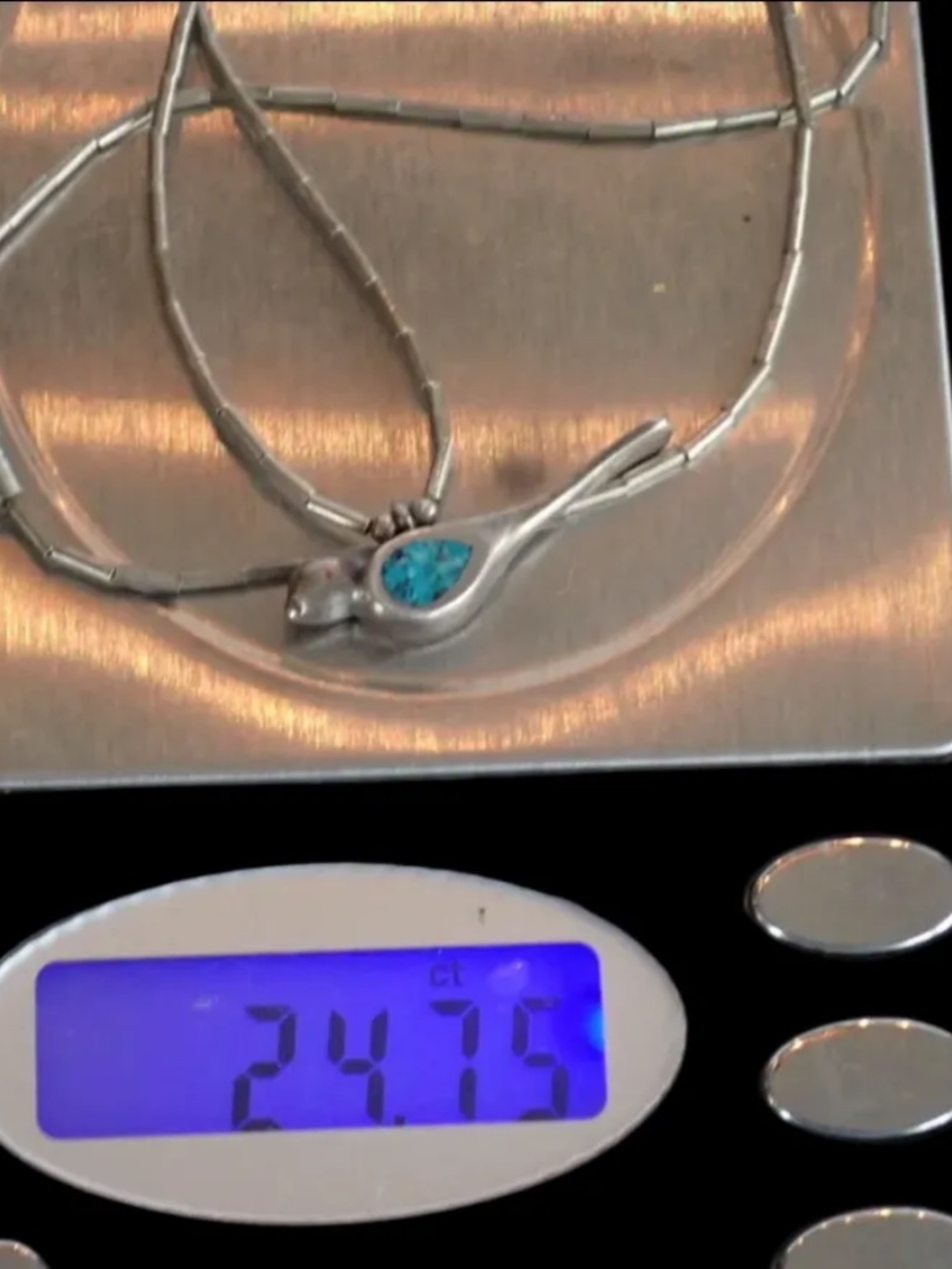 Zuni Native American Sterling Silver Turquoise Chip Bird Pendant Necklace 15" - Picture 15 of 16
